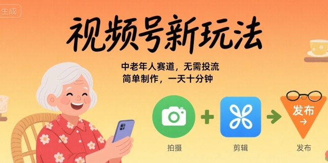 视频号新玩法，中老年人赛道，无需投流，简单制作，一天十分钟，月入1W-共项网