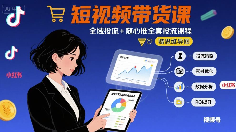 最新短视频带货课，全域投流+随心推全套投流课程+思维导图-共项网