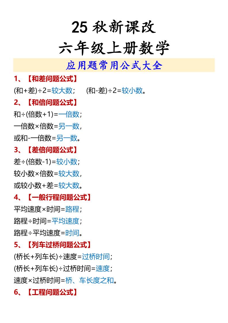 【2025秋新版】六年级上册数学应用题常用公式大全-共项网