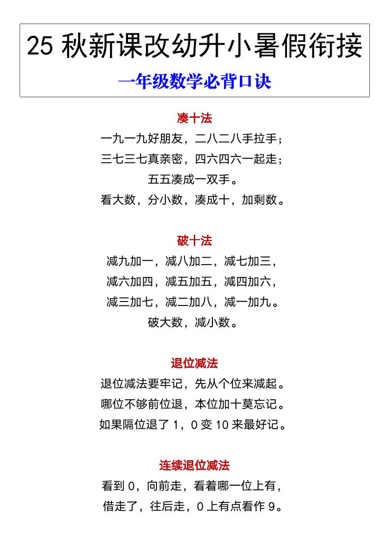 【2025秋新版】幼升小暑假衔接一年级数学必背口诀-一上数学-共项网
