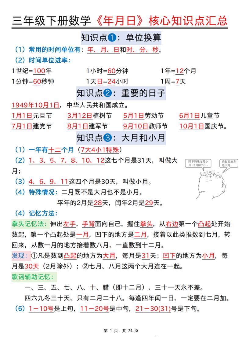 三下数学《年月日》核心知识点汇总+计算技巧+六大考点必刷题（练习+答案24页）-共项网