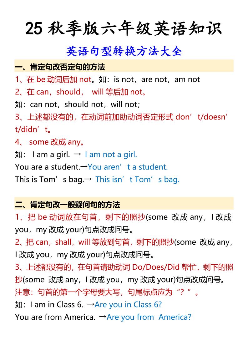 【2025秋新版】六年级上册英语英语句型转换方法大全-共项网