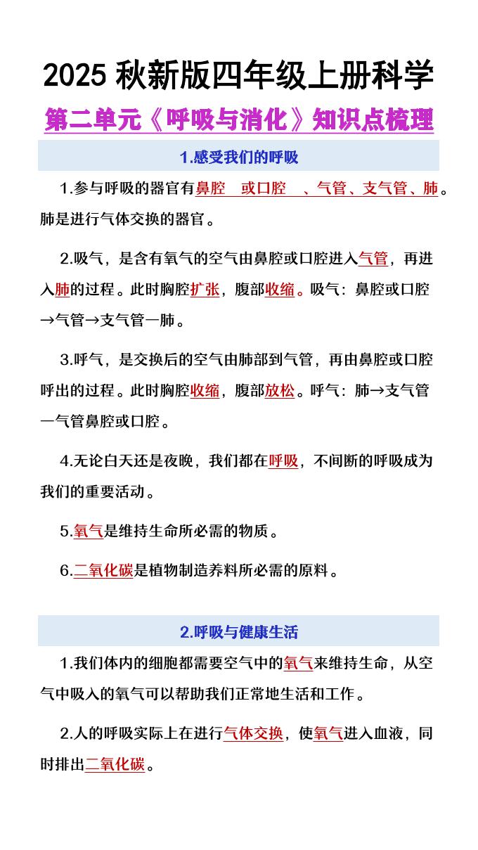 【2025秋新版】四年级上册语文第2单元《呼吸与消化》知识点梳理-共项网