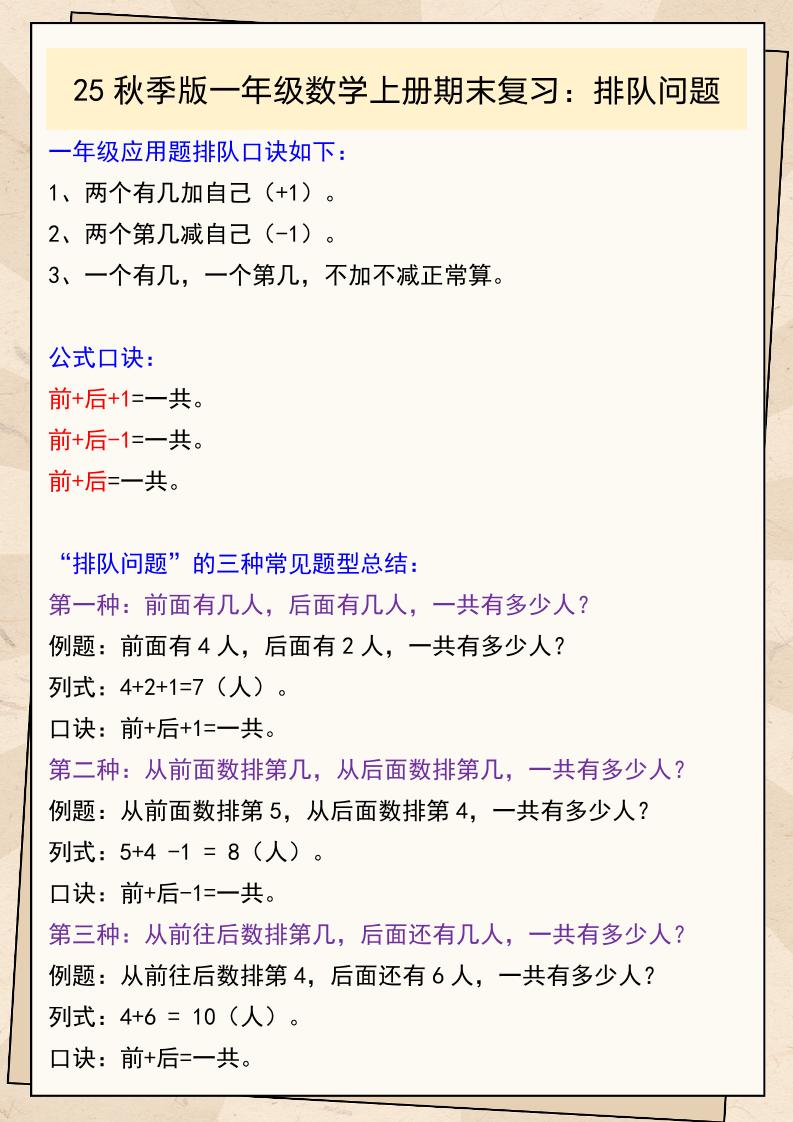 【2025秋新版】一年级数学上册期末复习：排队问题-共项网