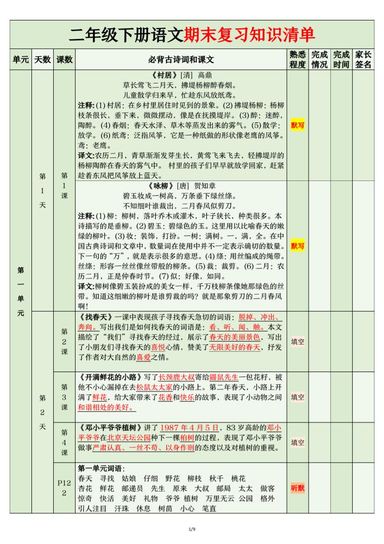 二年级下语文期末复习计划清单-共项网