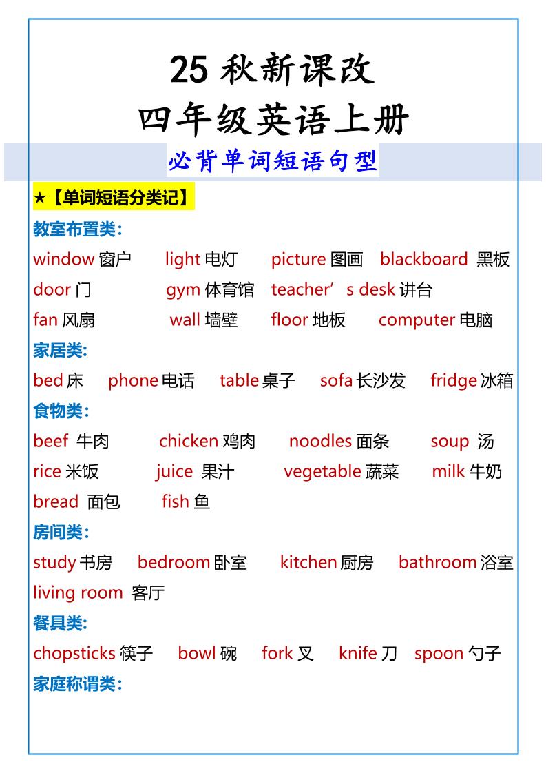 【2025秋新版】四年级英语上册必背单词短语句型-共项网