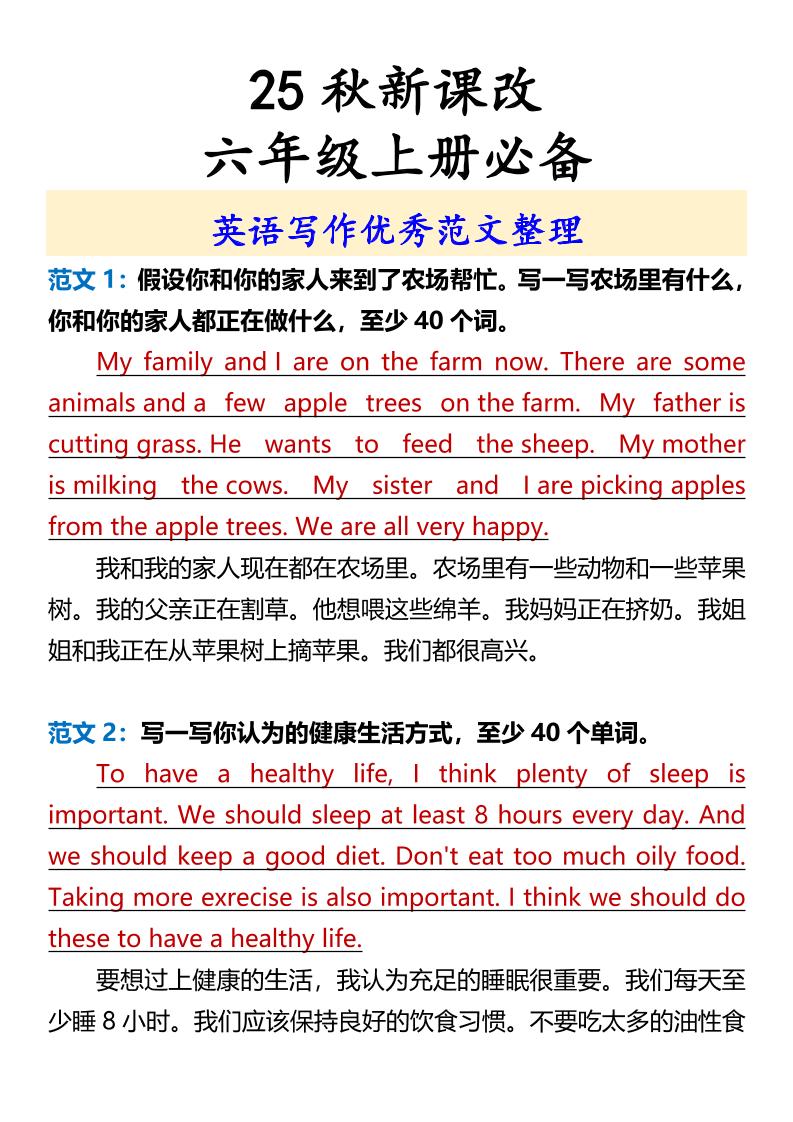 【2025秋新版】六年级上册必备英语写作优秀范文整理-共项网