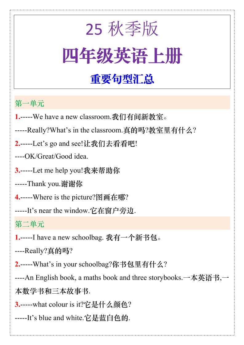 【2025秋新版】四年级英语上册重要句型汇总-共项网