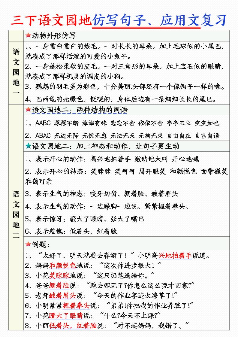 三年级下语文1-8单元语文园地句子仿写+应用文专练-共项网