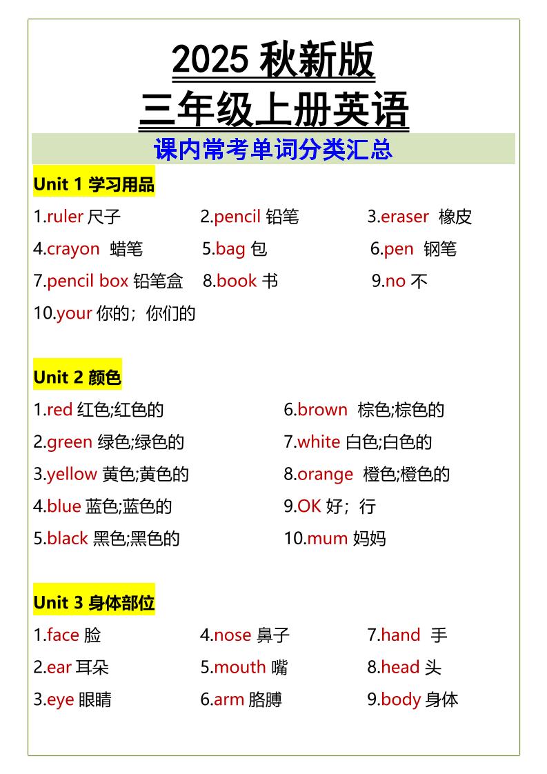 【2025秋新版】三年级上册英语课内常考单词分类汇总-共项网