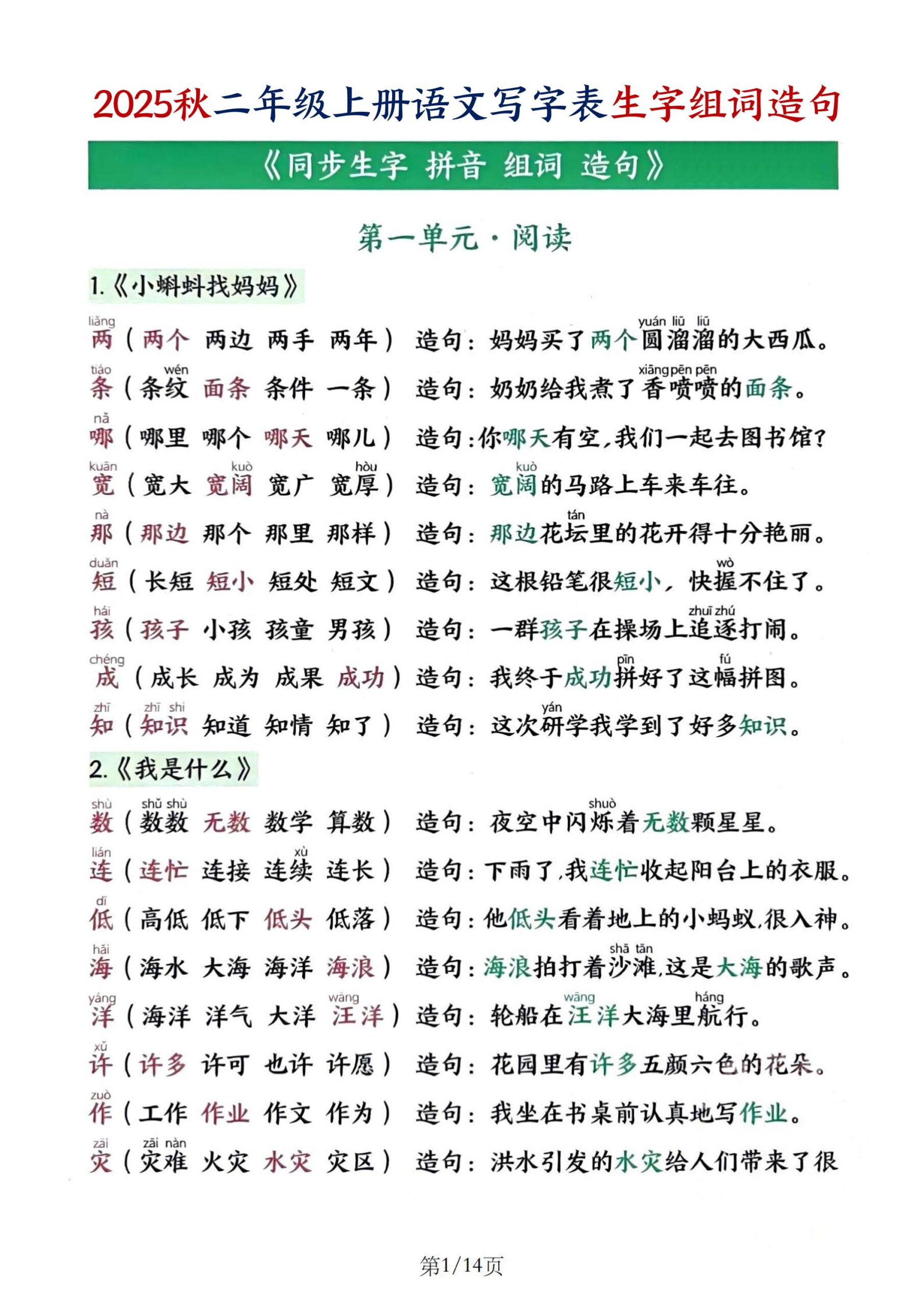 25秋二上语文写字表生字组词造句（14页）-共项网