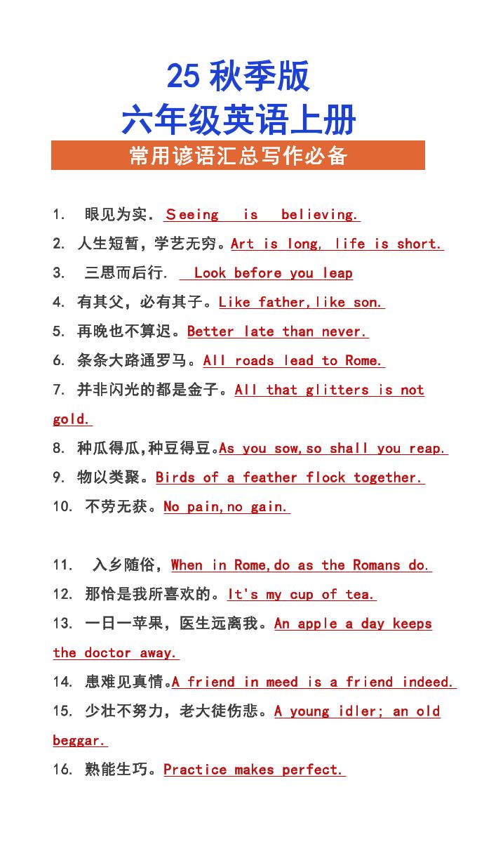 【2025秋新版】六年级上册英语常用谚语汇总写作必备-共项网