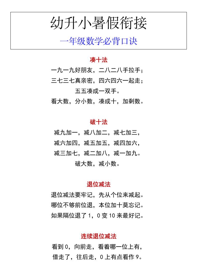 幼升小暑假衔接一年级数学必背口诀-共项网