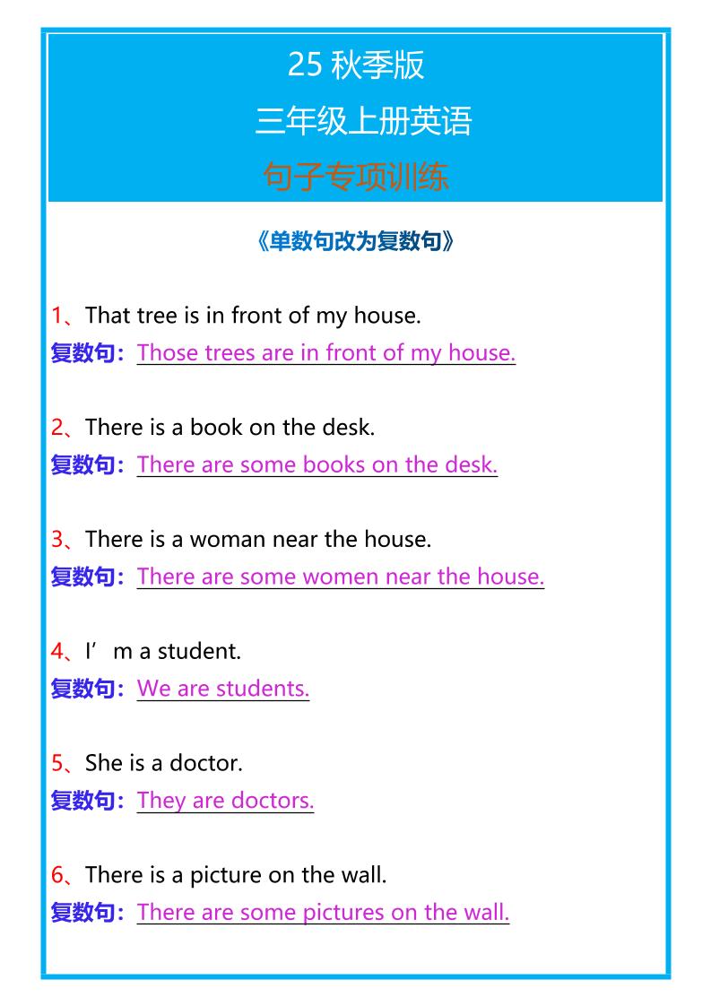 【2025秋新版】三年级上册英语句子专项训练-共项网