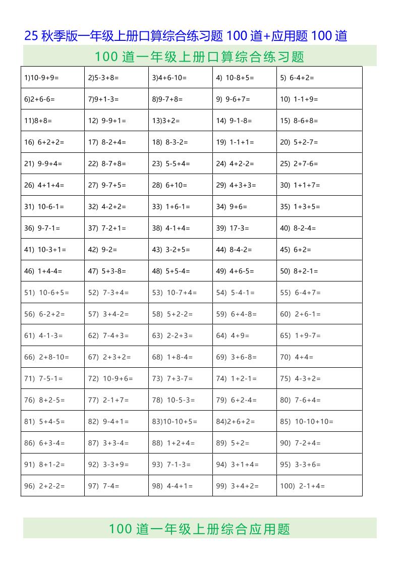 【2025秋新版】一年级上册口算综合练习题100道+应用题100道-一上数学-共项网