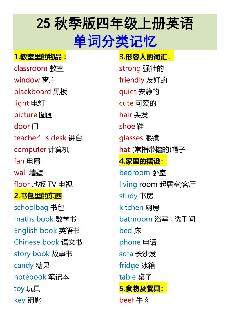 【2025秋新版】四年级上册英语•单词分类记忆-共项网