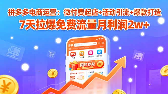 拼多多电商运营：微付费起店+活动引流+爆款打造 7天拉爆免费流量月利润2w+-共项网