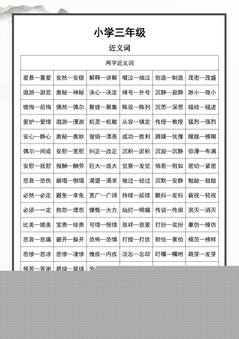 三上语文近义词和反义词汇总-共项网