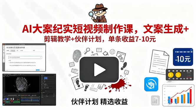 AI大案纪实短视频制作课，文案生成+剪辑教学+伙伴计划，单条收益7-10元-共项网
