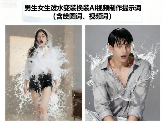 男生女生泼水变装换装AI视频制作提示词(含绘图词、视频词)-共项网