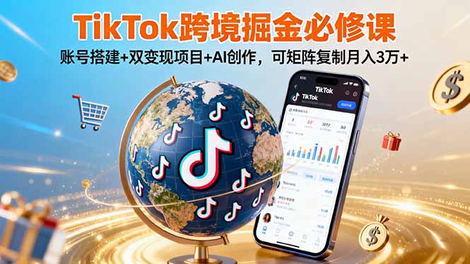 TikTo跨境掘金必修课，账号搭建+双变现项目+AI创作，可矩阵复制月入3万+-共项网
