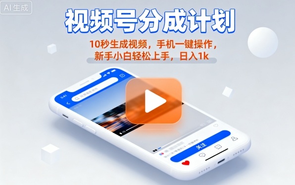 视频号分成计划懒人玩法，10秒生成视频，手机一键操作，新手小白轻松上手，日入1K【揭秘】-共项网