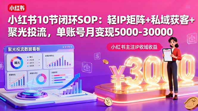 小红书10节闭环SOP：轻IP矩阵+私域获客+聚光投流，单账号月变现5000-30000-共项网