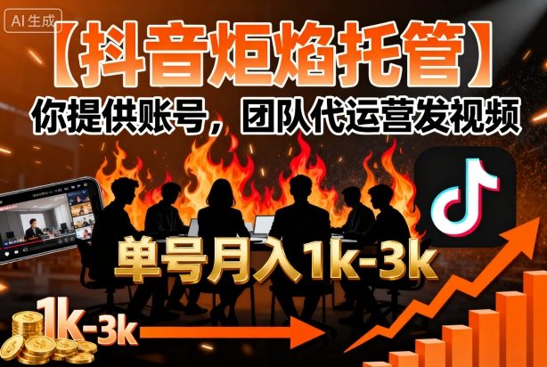【抖音炬焰托管】你提供账号，团队代运营发视频，单号月入1k+【揭秘】-共项网