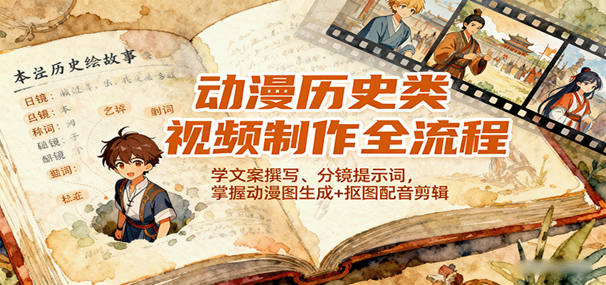 动漫历史类视频制作全流程，学文案撰写、分镜提示词，掌握动漫图生成+抠图配音剪辑-共项网