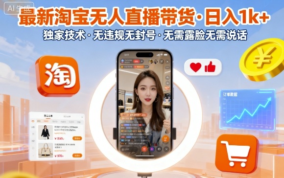 最新淘宝无人直播带货，日入1k+，独家技术，无违规无封号，无需露脸无需说话【揭秘】-共项网