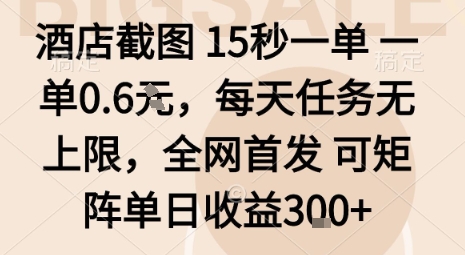 酒店截图15秒一单，一单0.6米，每天任务无上限，全网首发可矩阵单日收益3张【揭秘】-共项网