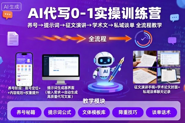AI代写0-1实操训练营，从养号、提示词、征文演讲、学术文，到私域谈单的全流程教学-共项网