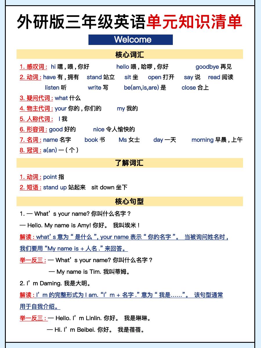 外研三上英语知识清单全-共项网