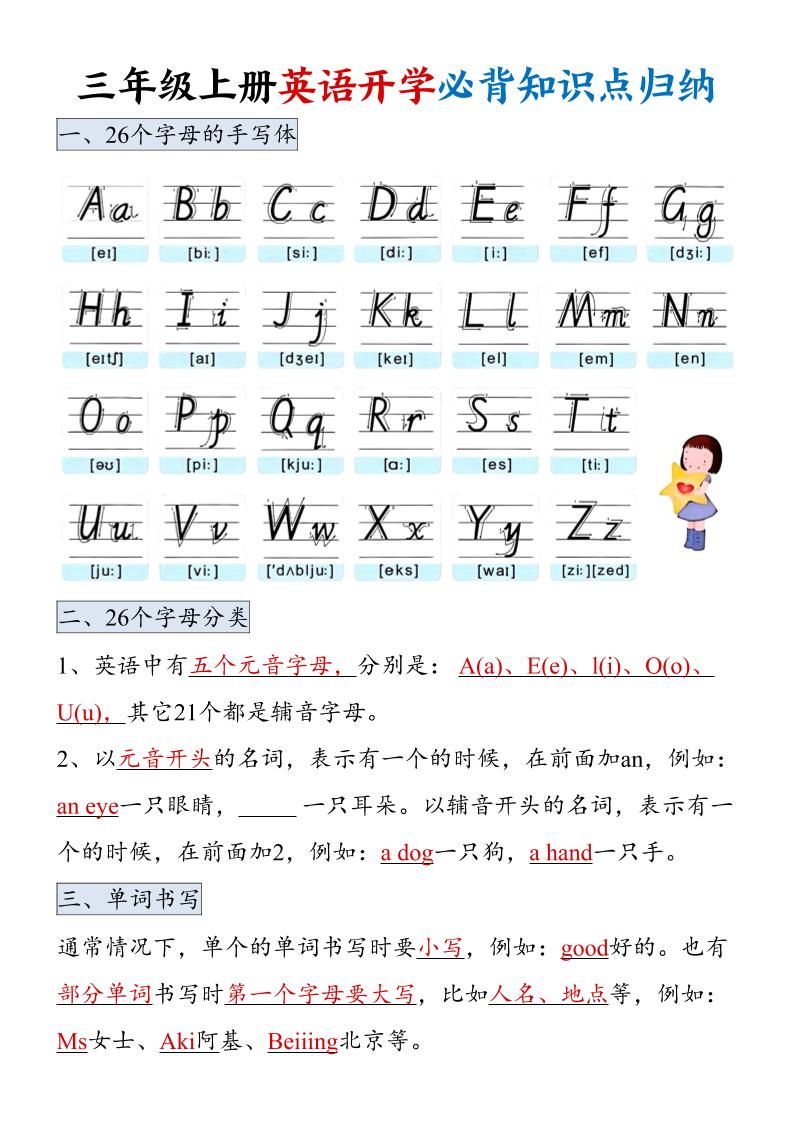 三年级上册英语开学必背知识点归纳-共项网