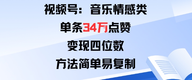视频号分成计划新玩法：音乐情感类单条34W点赞，变现四位数，方法简单易复制-共项网