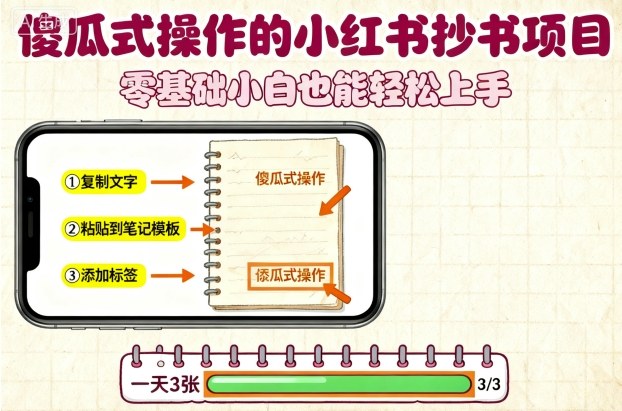 傻瓜式操作的小红书抄书项目，会复制粘贴就行，零基础小白也能一天3张-共项网