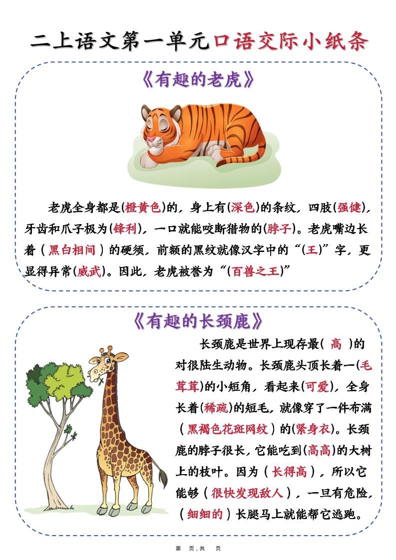 新二上语文第一单元《有趣的动物》口语交际小纸条（含空白14页）-共项网