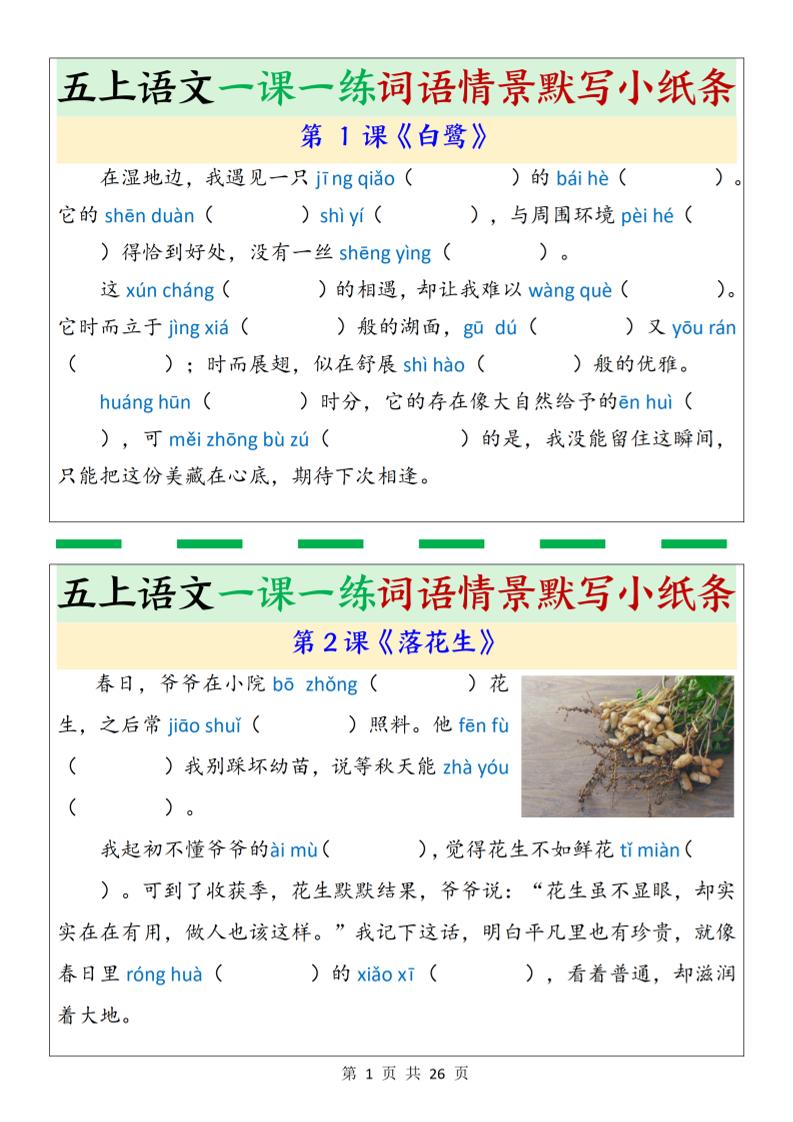 五上语文一课一练词语情景默写小纸条（含答案26页）-共项网