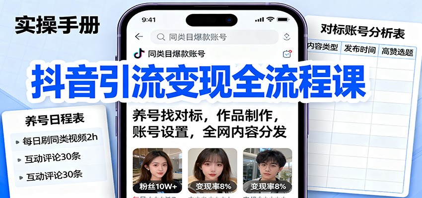 抖音引流变现全流程课：养号找对标，作品制作，账号设置，全网内容分发-共项网