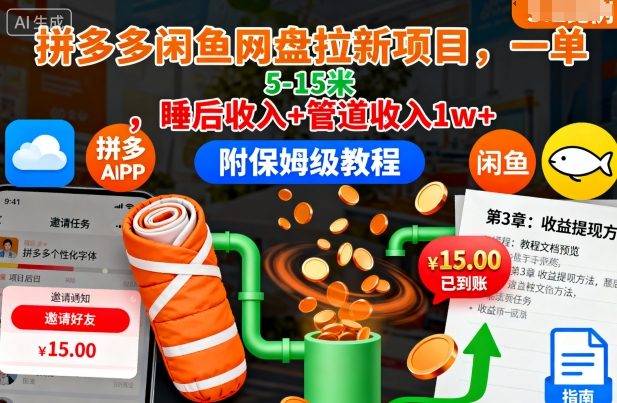 拼多多闲鱼网盘拉新项目，一单5-15米，睡后收入+管道收入1w+(附保姆级教程)-共项网