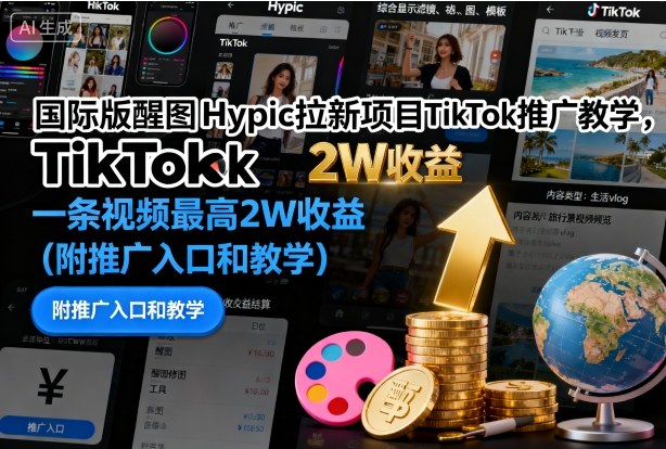 国际版醒图Hypic拉新项目TikTok推广教学，一条视频最高2W收益(附推广入口和教学)-共项网