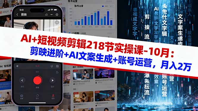 AI+短视频剪辑218节实操课-10月：剪映进阶+AI文案生成+账号运营，月入2万-共项网