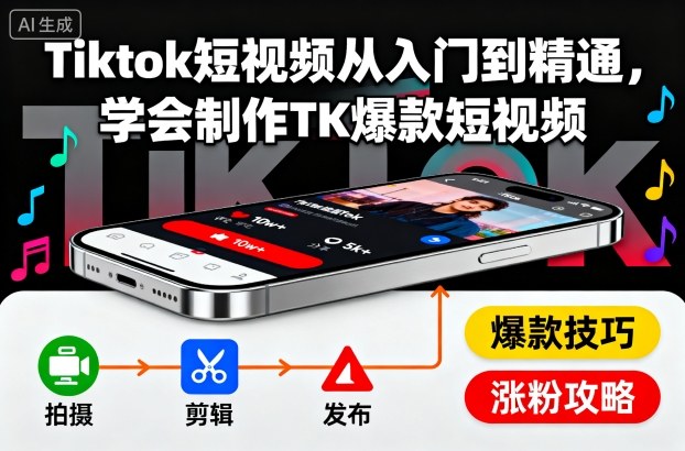 Tiktok短视频从入门到精通，学会制作TK爆款短视频-共项网