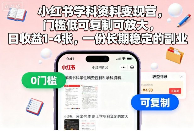 小红书学科资料变现营，门槛低可复制可放大，日收益1-4张，一份长期稳定的副业-共项网