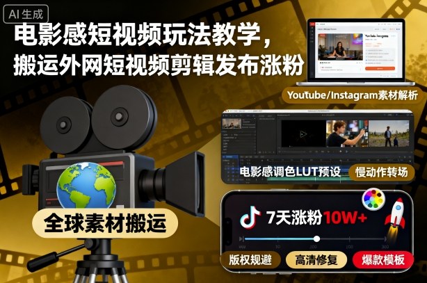 电影感短视频玩法教学，搬运外网短视频剪辑发布涨粉-共项网