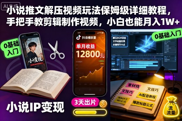 小说推文解压视频玩法保姆级详细教程，手把手教剪辑制作视频，小白也能月入1W+-共项网
