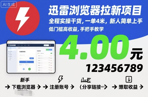迅雷浏览器拉新项目，全程实操干货，一单4米，新人简单上手-共项网