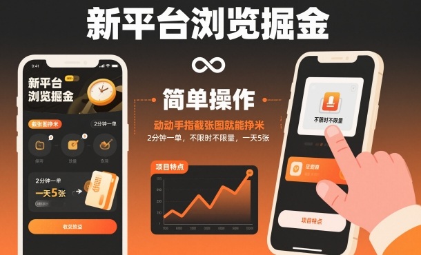 新平台浏览掘金，动动手指截张图就能挣米，2分钟一单，不限时不限量，一天5张【揭秘】-共项网