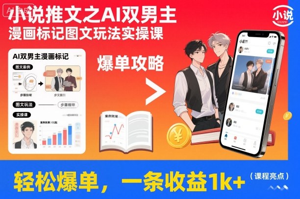 小说推文之AI双男主漫画标记图文玩法实操课，轻松爆单，一条收益1k+-共项网