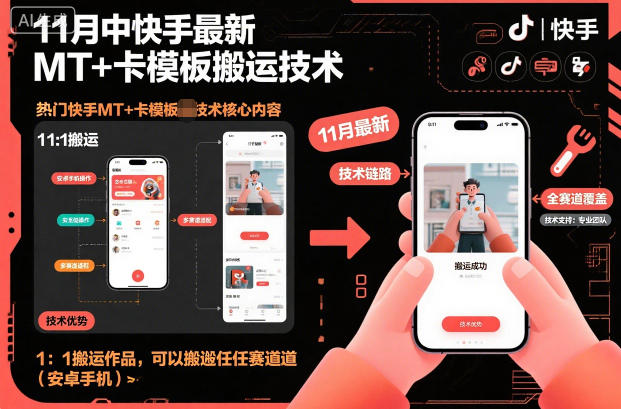 11月中快手最新MT+卡模板搬运技术，1：1搬运作品，可以搬运任何赛道(安卓手机)-共项网